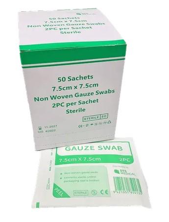 Non Woven Absorbent First Aid Gauze Swabs 2's 7.5x7.5 Sterile Box of 50